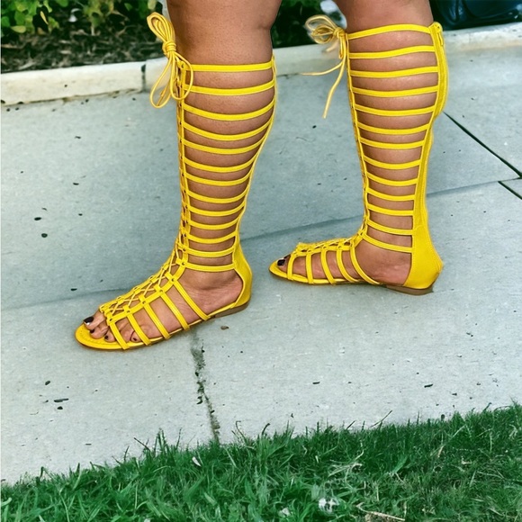 Yellow tall calf high lace up strappy elastic gladiator flat sandals sz 11. - Picture 5 of 7